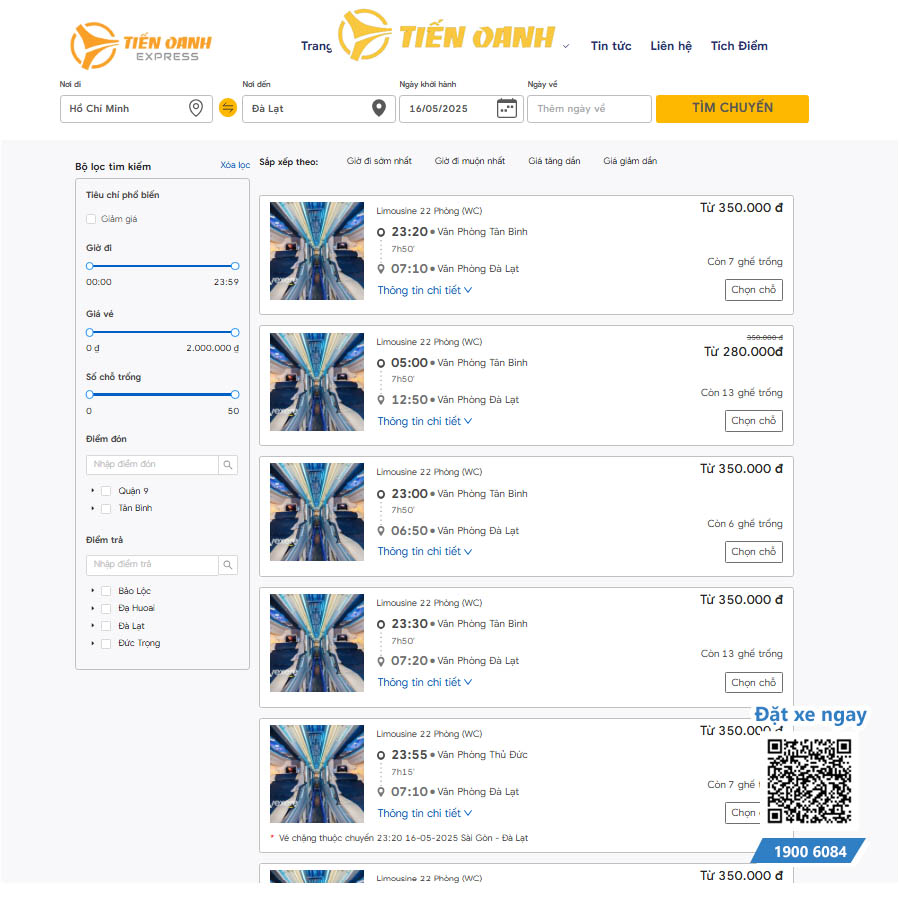 Đặt vé xe giường nằm TP HCM Đà Lạt dễ dàng tại Tiến Oanh